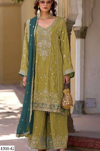 Green heavy chinon semi stitched suit with embroidery bits work