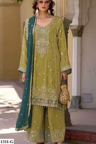 Green heavy chinon semi stitched suit with embroidery bits work