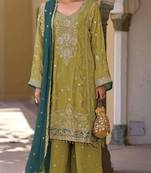 Green heavy chinon semi stitched suit with embroidery bits work