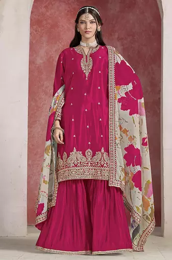 Rani pink embroidered chinon sharara-full stitched free size