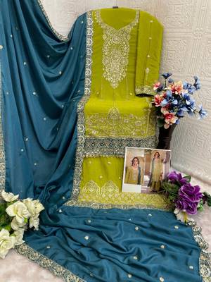 Green heavy chinon semi stitched suit with embroidery bits work 2