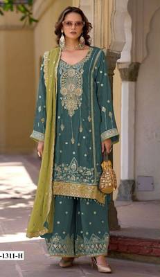 Teal green heavy chinon semi stitched suit with embroidery bits work 1