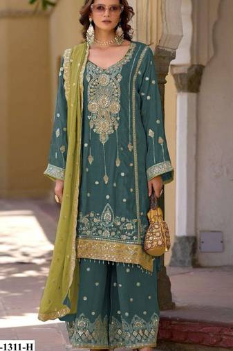 Teal green heavy chinon semi stitched suit with embroidery bits work