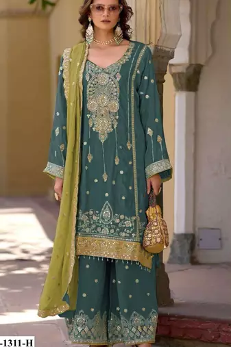 Teal green heavy chinon semi stitched suit with embroidery bits work