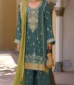 Teal green heavy chinon semi stitched suit with embroidery bits work