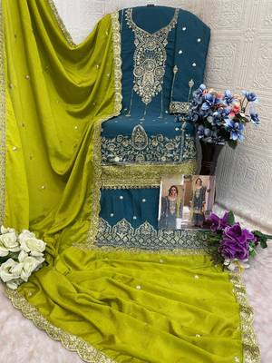 Teal green heavy chinon semi stitched suit with embroidery bits work 2