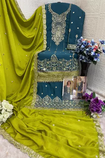 Teal green heavy chinon semi stitched suit with embroidery bits work