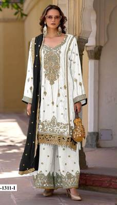 White heavy chinon semi stitched suit with embroidery bits work 1