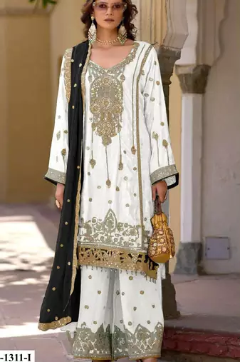 White heavy chinon semi stitched suit with embroidery bits work