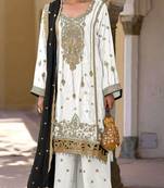 White heavy chinon semi stitched suit with embroidery bits work