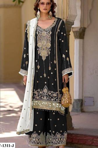 Black heavy chinon semi stitched suit with embroidery bits work