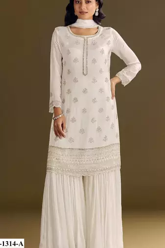 White heavy chinon semi stitched suit with embroidery bits work