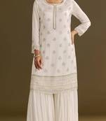 White heavy chinon semi stitched suit with embroidery bits work