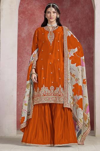 Orange  embroidered chinon sharara-full stitched free size