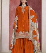 Orange  embroidered chinon sharara-full stitched free size