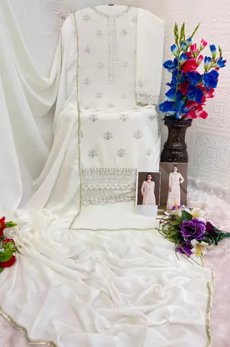 White heavy chinon suit with embroidery bits 