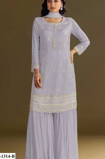 Lavender heavy chinon semi stitched suit with embroidery bits work