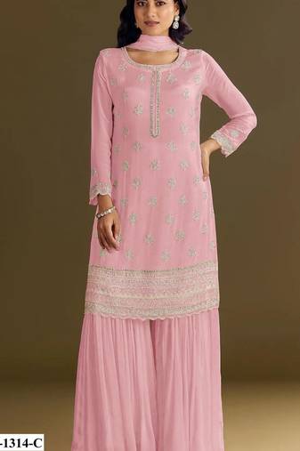 Baby pink heavy chinon semi stitched suit with embroidery bits work