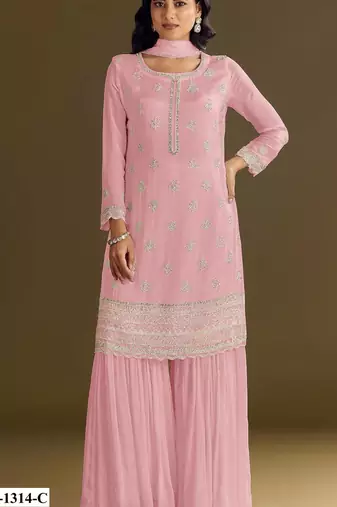 Baby pink heavy chinon semi stitched suit with embroidery bits work