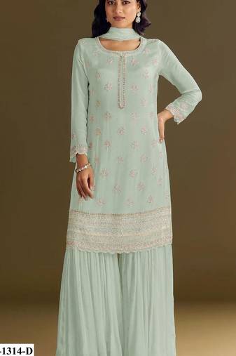 Sea green heavy chinon semi stitched suit with embroidery bits work