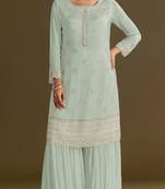 Sea green heavy chinon semi stitched suit with embroidery bits work