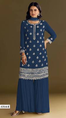 Navy blue heavy chinon suit with embroidery bits  1