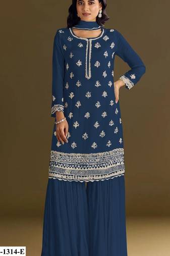 Navy blue heavy chinon semi stitched suit with embroidery bits work