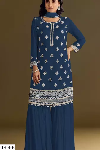 Navy blue heavy chinon semi stitched suit with embroidery bits work