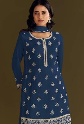 Navy blue heavy chinon suit with embroidery bits  2