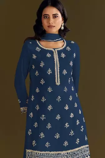 Navy blue heavy chinon suit with embroidery bits 