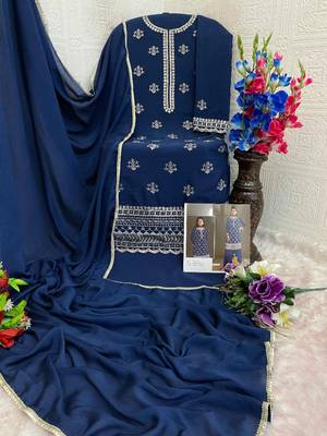 Navy blue heavy chinon suit with embroidery bits  3