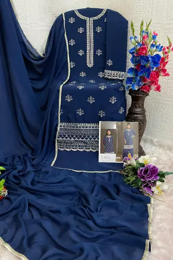 Navy blue heavy chinon suit with embroidery bits 