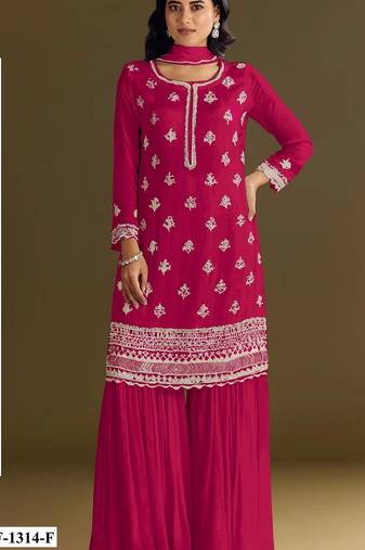 Red heavy chinon semi stitched suit with embroidery bits work