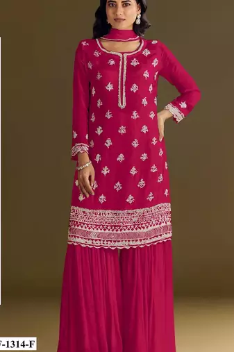 Red heavy chinon semi stitched suit with embroidery bits work
