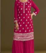 Red heavy chinon semi stitched suit with embroidery bits work