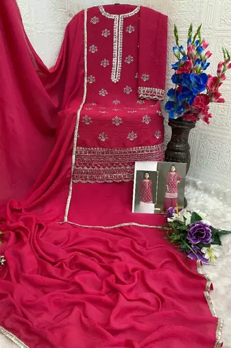 Red heavy chinon suit with embroidery bits 
