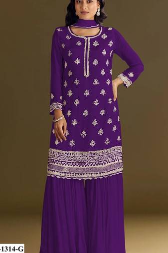 Violet heavy chinon semi stitched suit with embroidery bits work