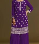 Violet heavy chinon semi stitched suit with embroidery bits work
