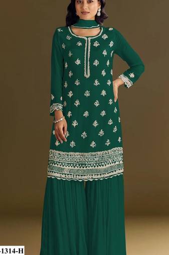 Dark green heavy chinon semi stitched suit with embroidery bits work