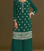 Dark green heavy chinon semi stitched suit with embroidery bits work