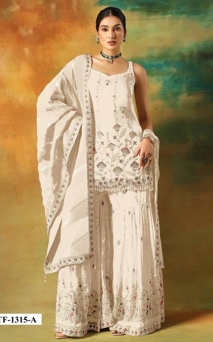 White heavy fox georgette semi stitched suit with embroidery work