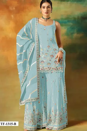 Sky blue heavy fox georgette semi stitched suit with embroidery work