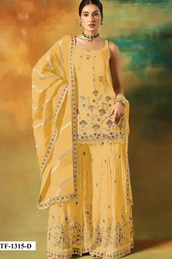 Yellow heavy fox georgette semi stitched suit with embroidery work
