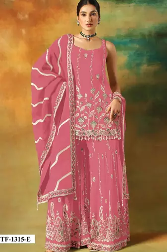 Magenta heavy fox georgette semi stitched suit with embroidery work