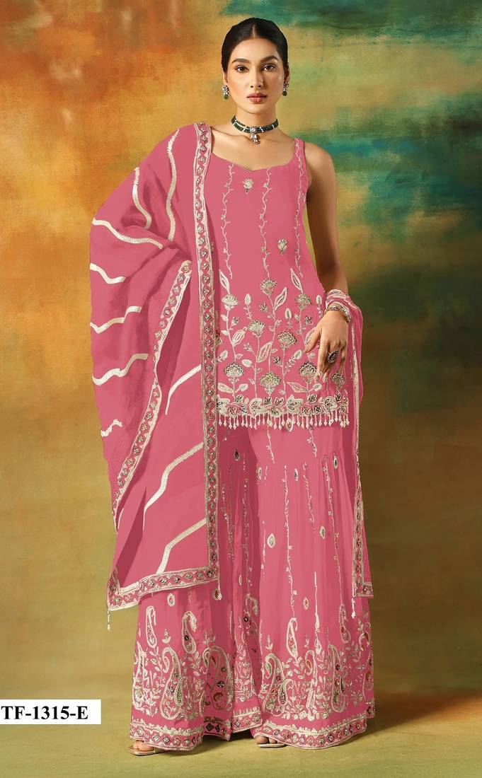 Magenta heavy fox georgette semi stitched suit with embroidery work