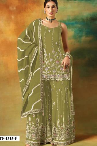 Parrot green heavy fox georgette semi stitched suit with embroidery work