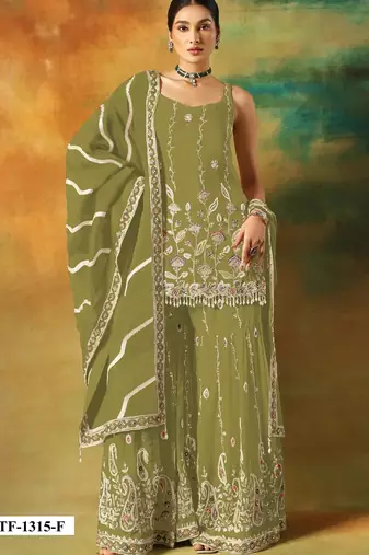 Parrot green heavy fox georgette semi stitched suit with embroidery work