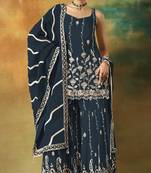 Teal blue heavy fox georgette semi stitched suit with embroidery work