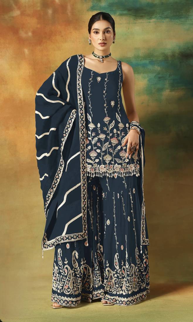 Teal blue heavy fox georgette semi stitched suit with embroidery work