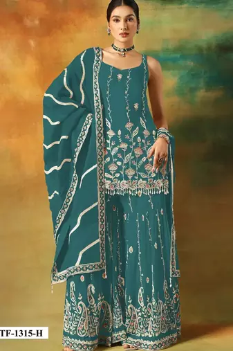 Teal blue heavy fox georgette semi stitched suit with embroidery work